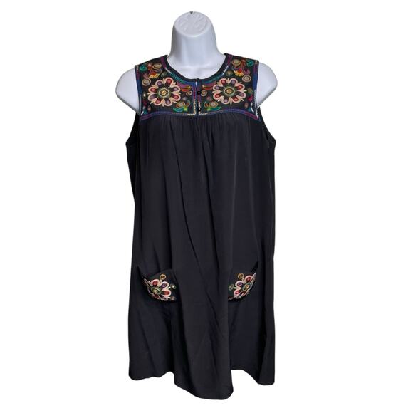 Tibi Women's Black‎ Embroidered Sleeveless Silk Dress Size 4 Aztec Boho Party - Picture 1 of 14